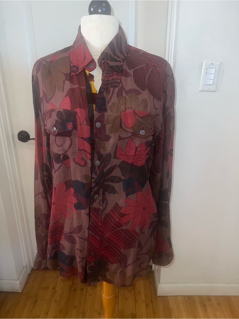 Dolce Gabbana Long-Sleeve Floral Button-Up Shirt in Burgundy